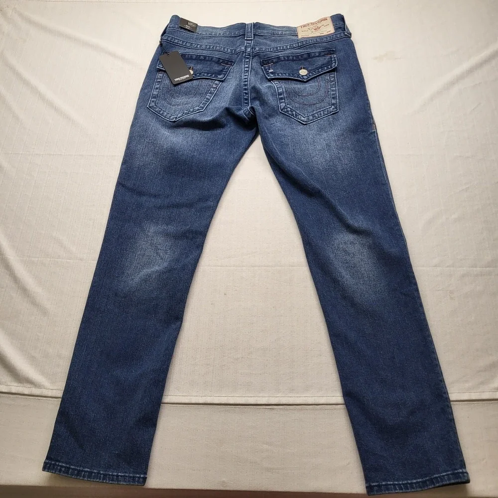 New True Religion Jeans Mens 34/32 Rocco Relaxed Skinny Flap Stretch Blue Faded
